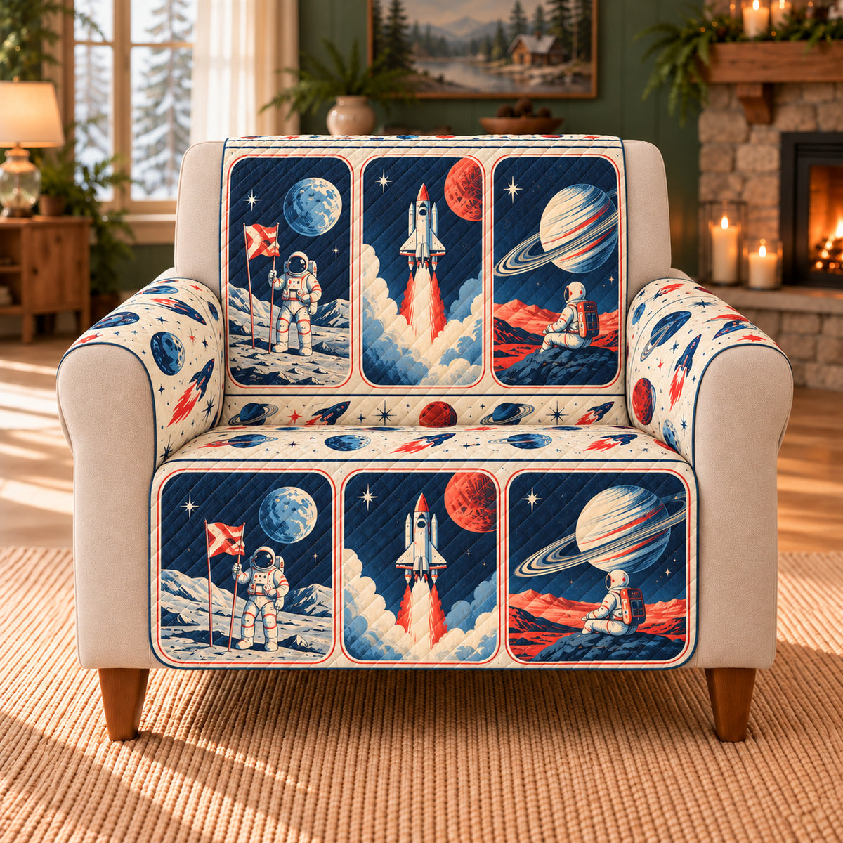 Astronaut Postcard Panels sofa cover on a beige armchair