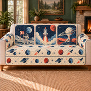 Astronaut Postcard Panels sofa cover on a beige sofa