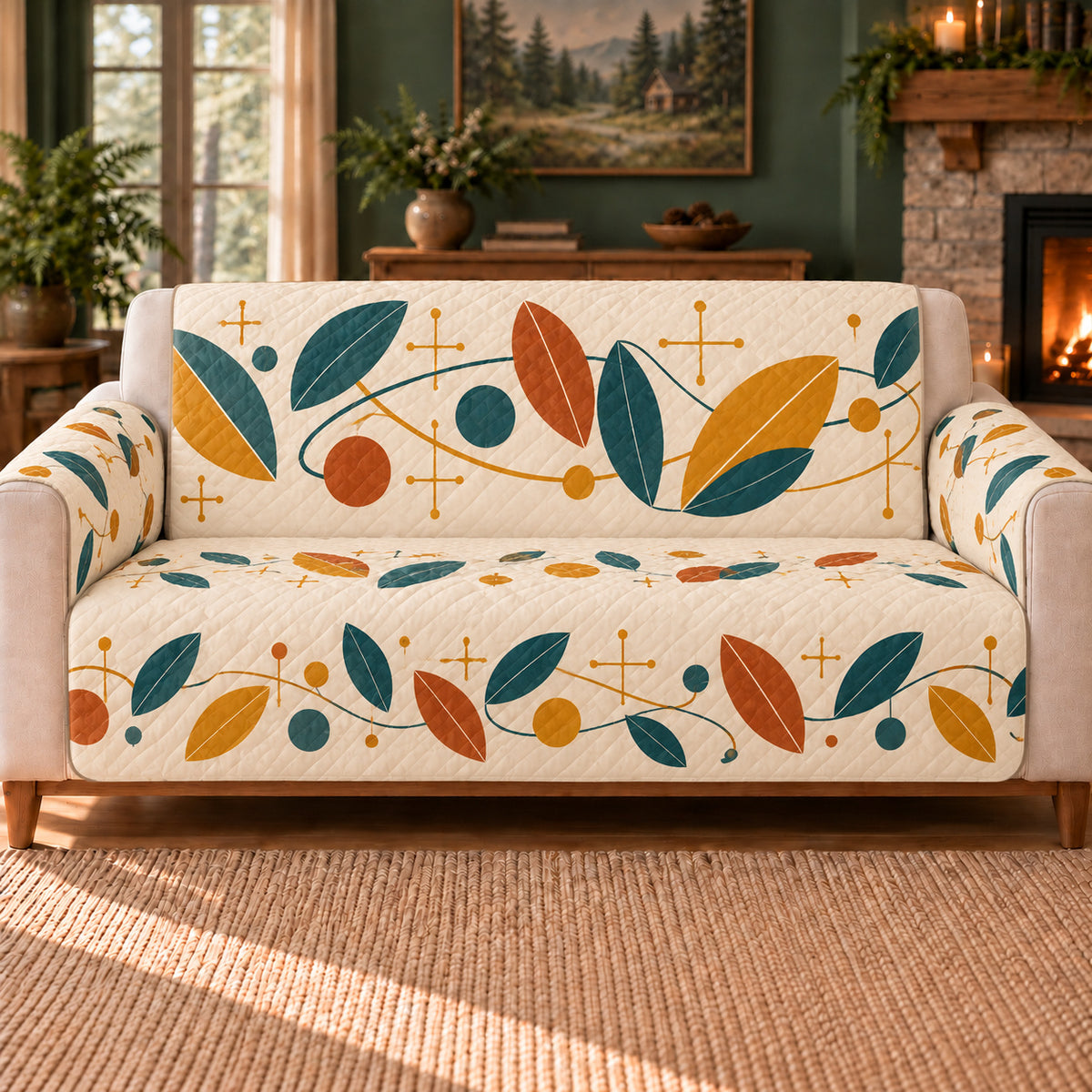 Atomic Leaf Meander sofa cover on a beige sofa