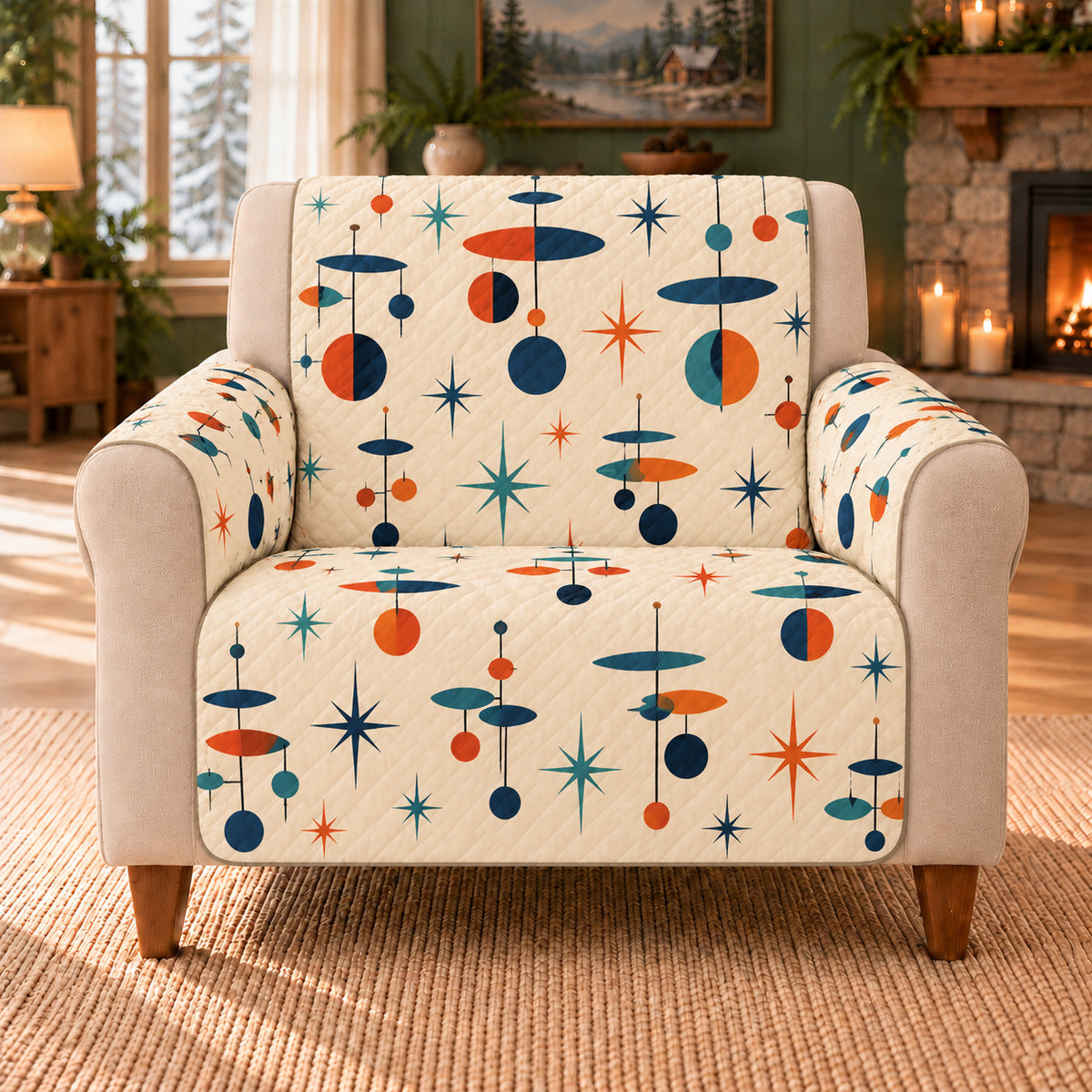 Atomic Mobile Pattern sofa cover on a beige armchair
