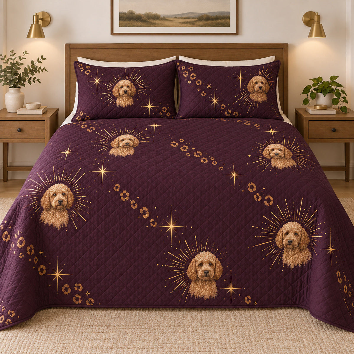 Aubergine Glam Doodle Goldendoodle Starry Garden Quilt Set