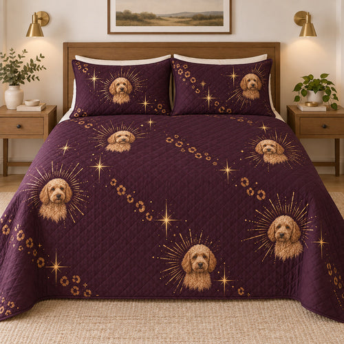 Aubergine Glam Doodle Goldendoodle Starry Garden Quilt Set, front goldendoodle starry garden bedroom view