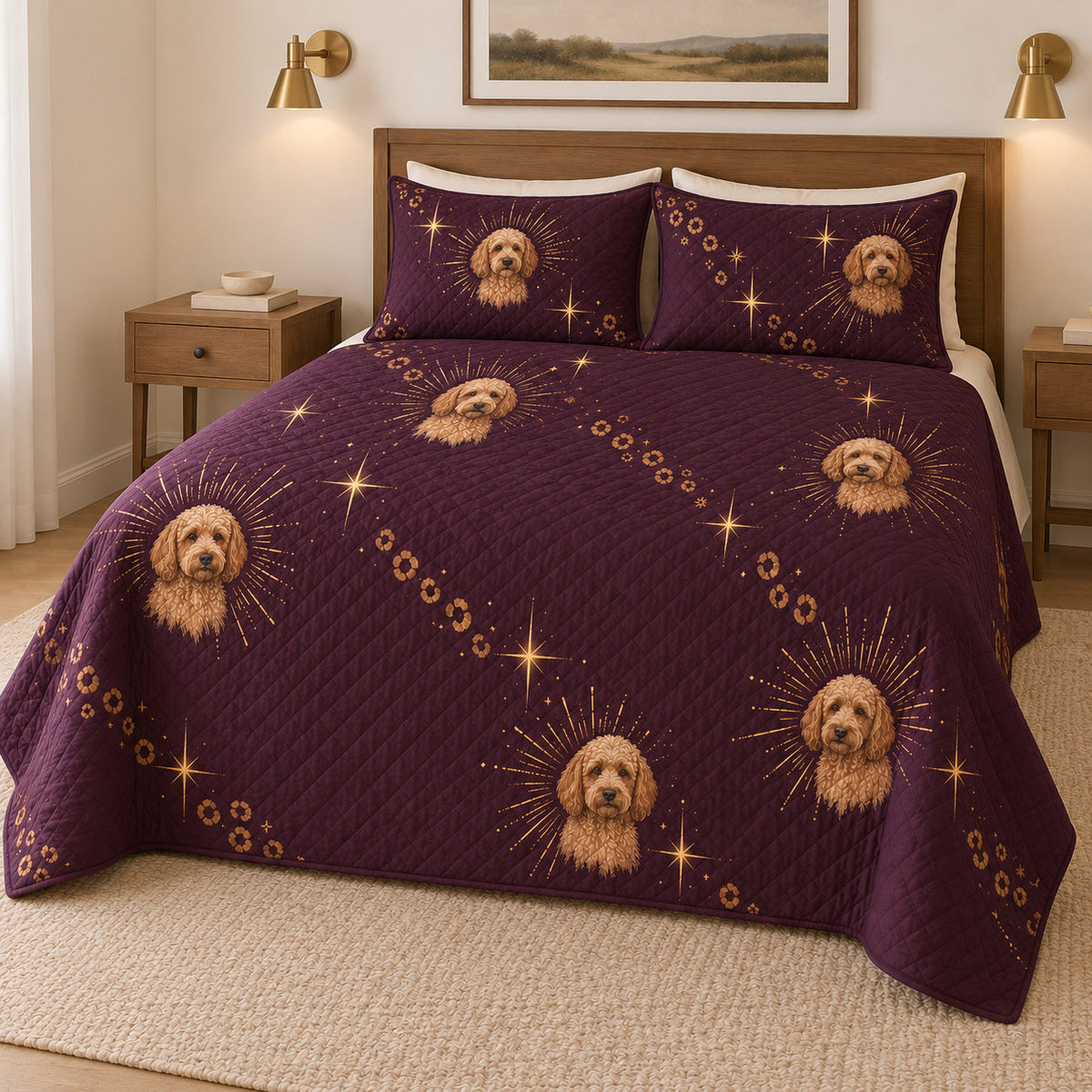 Aubergine Glam Doodle Goldendoodle Starry Garden Quilt Set, angled goldendoodle starry garden bedroom view
