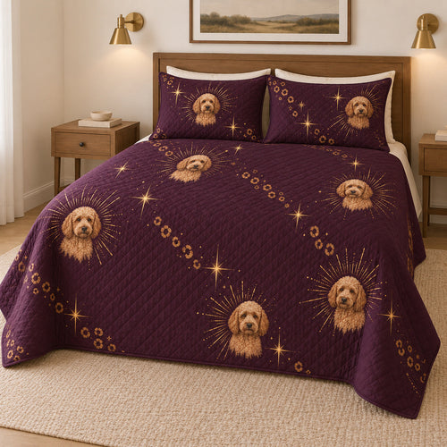 Aubergine Glam Doodle Goldendoodle Starry Garden Quilt Set, angled goldendoodle starry garden bedroom view