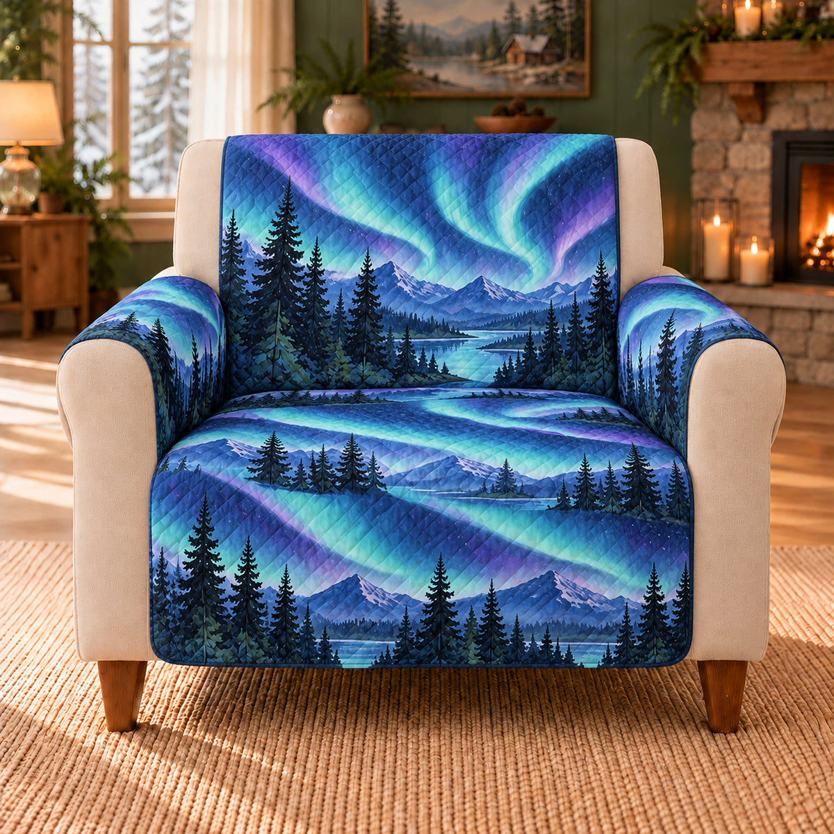 Aurora Pine Ribbon sofa cover on a beige armchair
