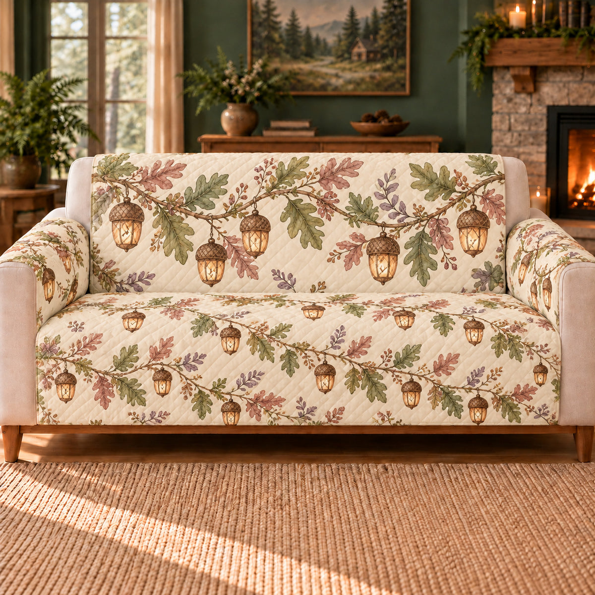 Autumn Acorn Lanterns sofa cover on a beige sofa