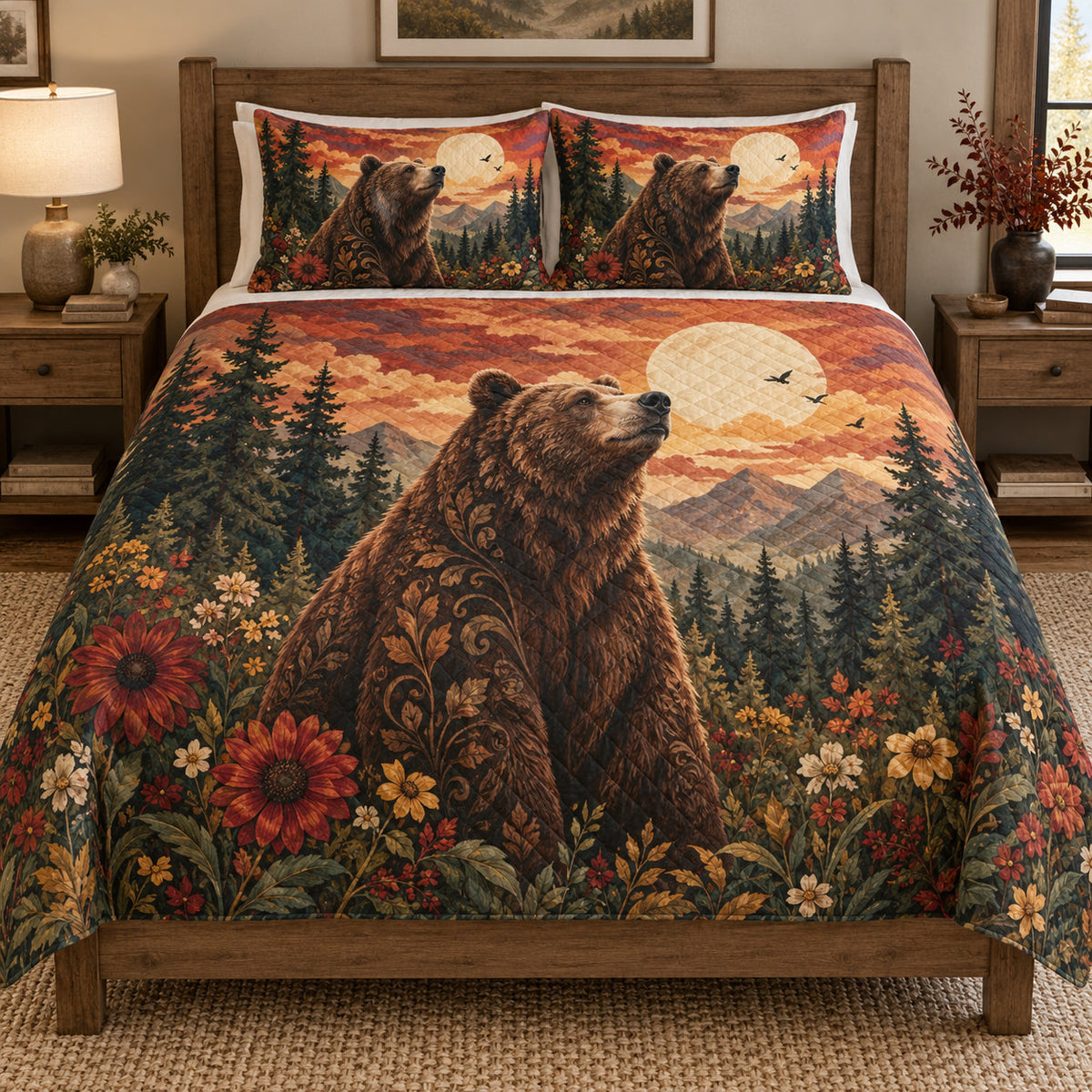 Autumn Brown Bear Floral quilt set displayed on a bed with coordinating pillow shams