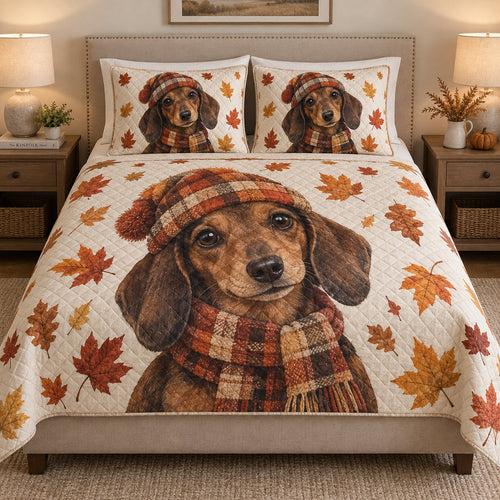 Autumn Dachshund Dog Leaves Quilt Set: bedroom mockup showing the quilt design and coordinating pillow shams