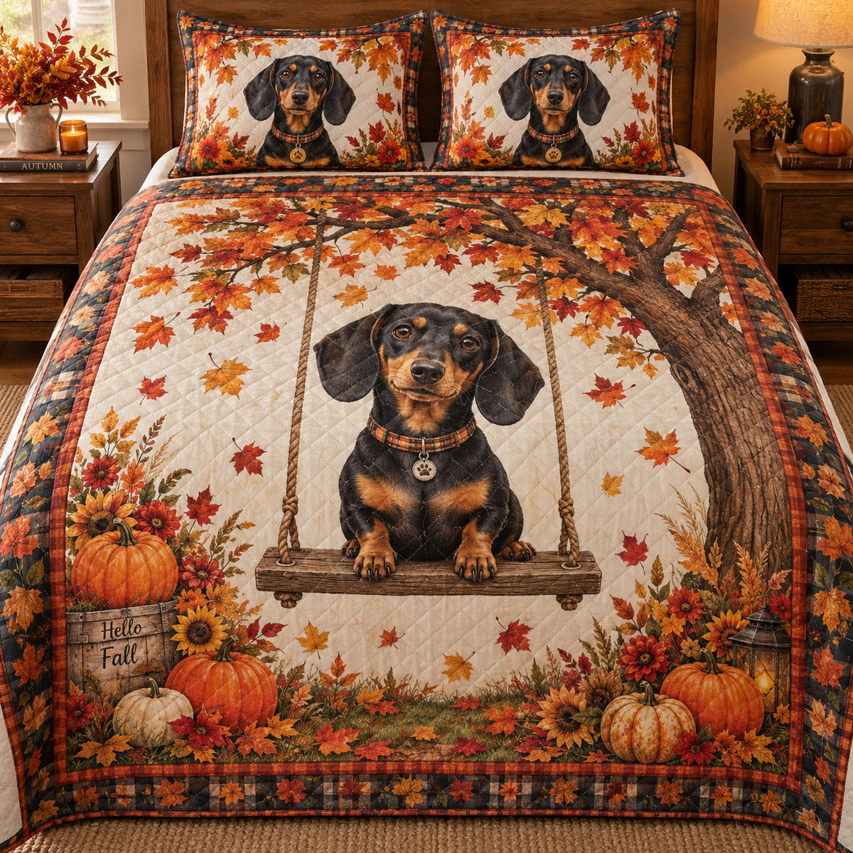 Autumn Dachshund Pumpkin Dog Quilt Set: bedroom mockup showing the quilt design and coordinating pillow shams