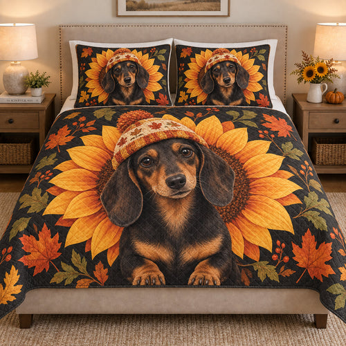 Autumn Dachshund Sunflower Quilt Set: bedroom mockup showing the quilt design and coordinating pillow shams