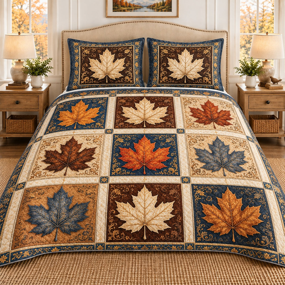 Autumn maple leaf patchwork quilt set, view 1, AI-generated product mockup
