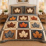 Autumn maple leaf patchwork quilt set, view 1, AI-generated product mockup