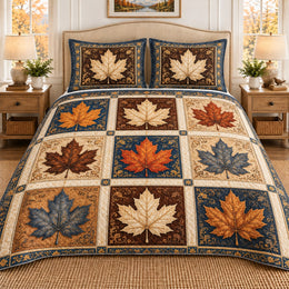 Autumn Maple Leaf Patchwork Quilt Set, Fall Gift for Nature Lovers
