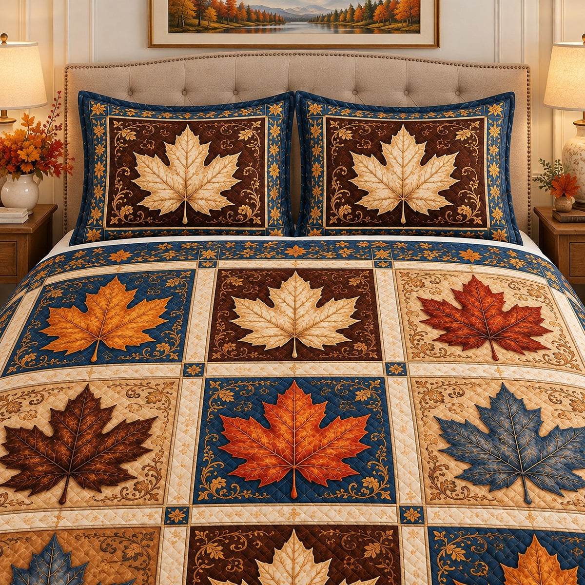 Autumn maple leaf patchwork quilt set, view 2, AI-generated product mockup