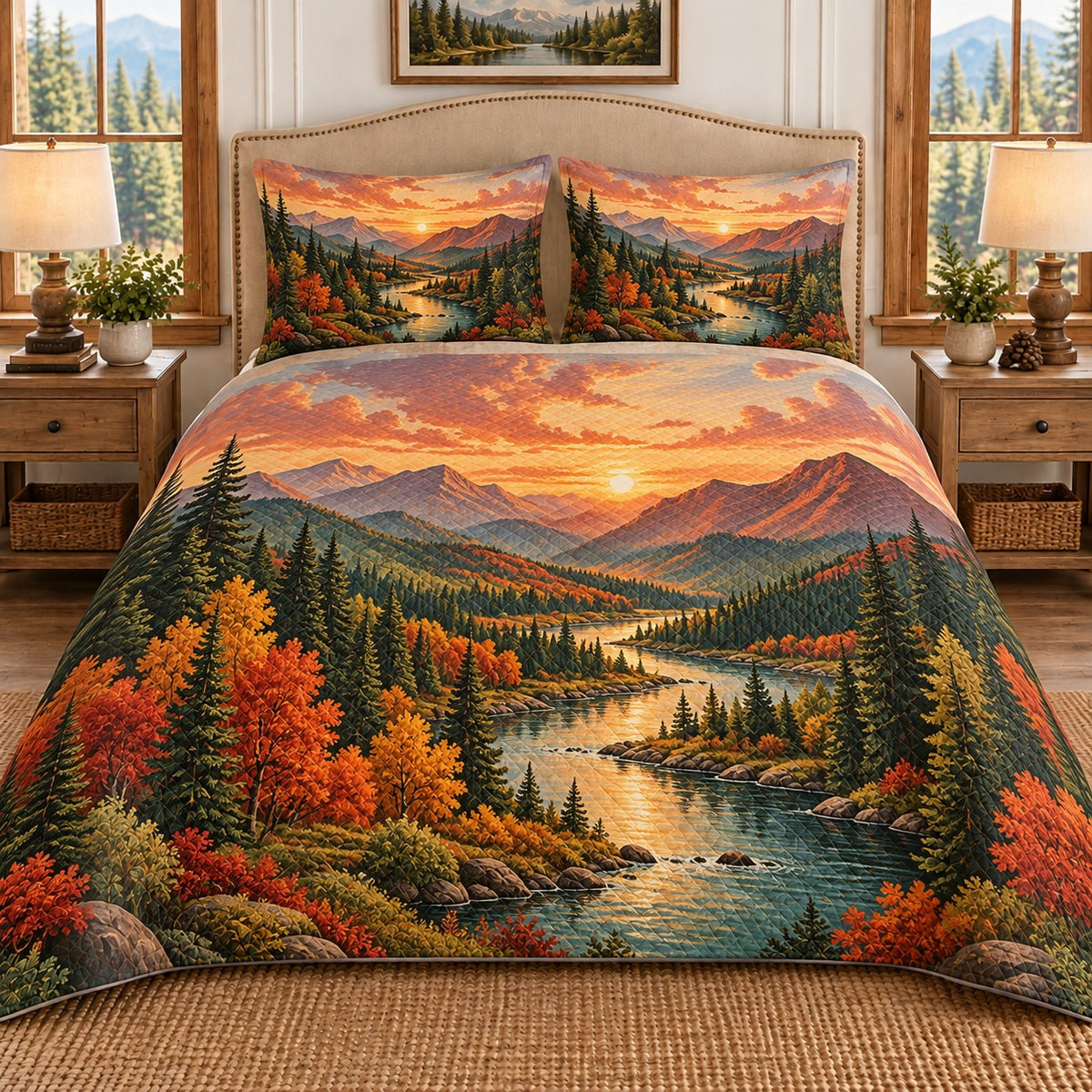 Autumn mountain valley landscape quilt set, view 1, AI-generated product mockup