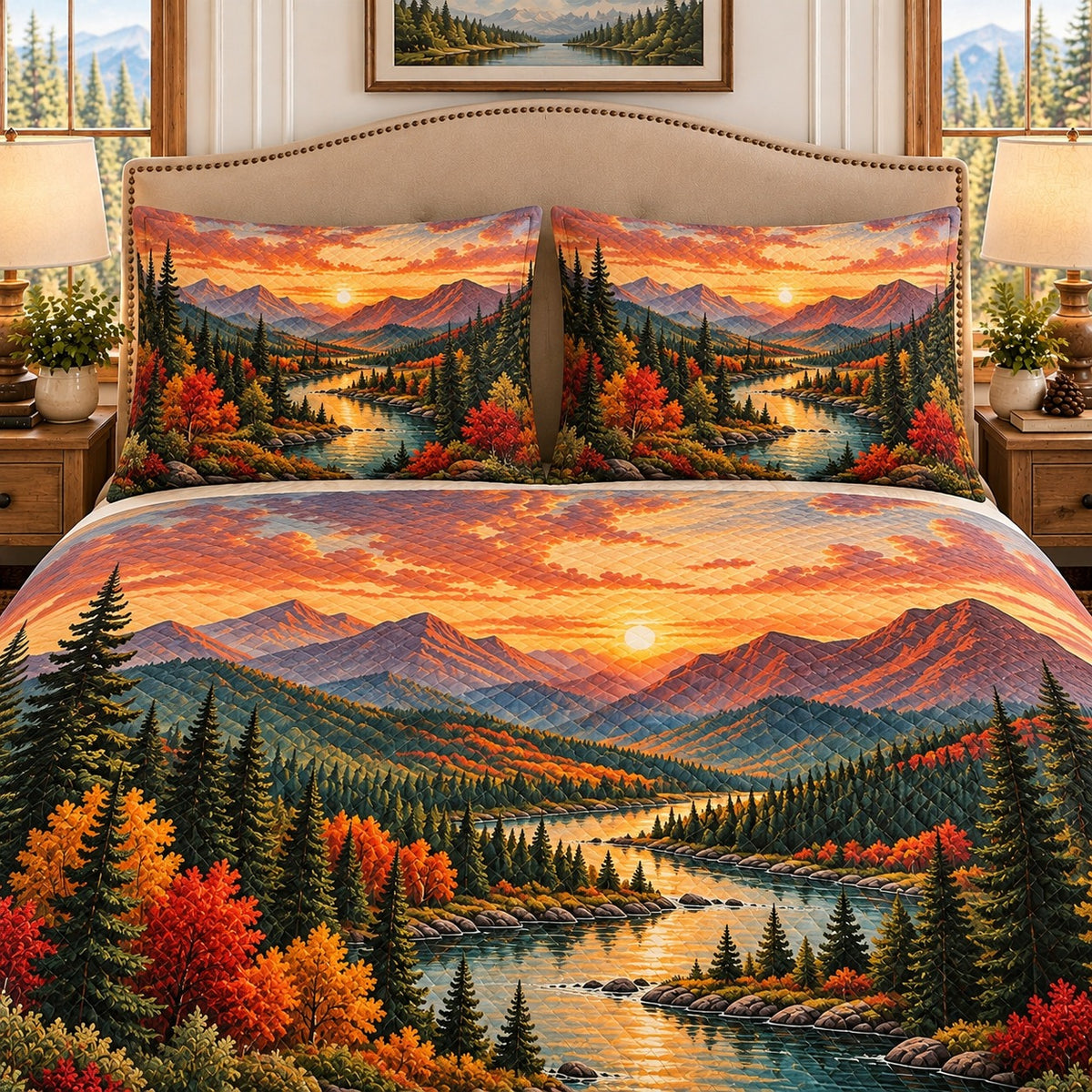 Autumn mountain valley landscape quilt set, view 2, AI-generated product mockup