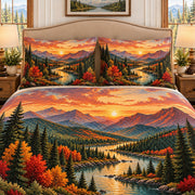 Autumn mountain valley landscape quilt set, view 2, AI-generated product mockup