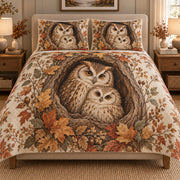 Autumn Owl Family Tree Quilt Set: bedroom mockup showing the quilt design and coordinating pillow shams