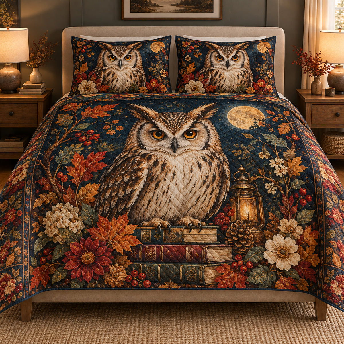 Autumn Owl Floral Moon Quilt Set: bedroom mockup showing the quilt design and coordinating pillow shams