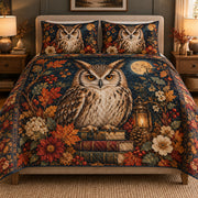 Autumn Owl Floral Moon Quilt Set: bedroom mockup showing the quilt design and coordinating pillow shams