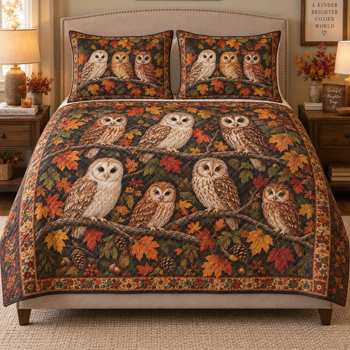 Autumn Owl Forest Bird Quilt Set: bedroom mockup showing the quilt design and coordinating pillow shams