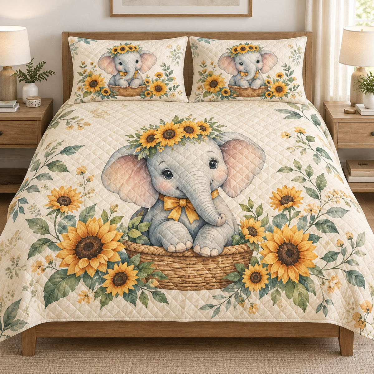 Baby Elephant Sunflower Floral quilt set displayed on a bed with coordinating pillow shams