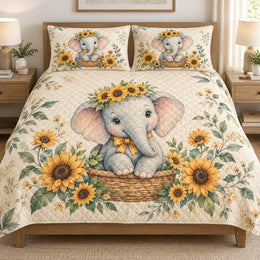 Baby Elephant Sunflower Floral Quilt Set