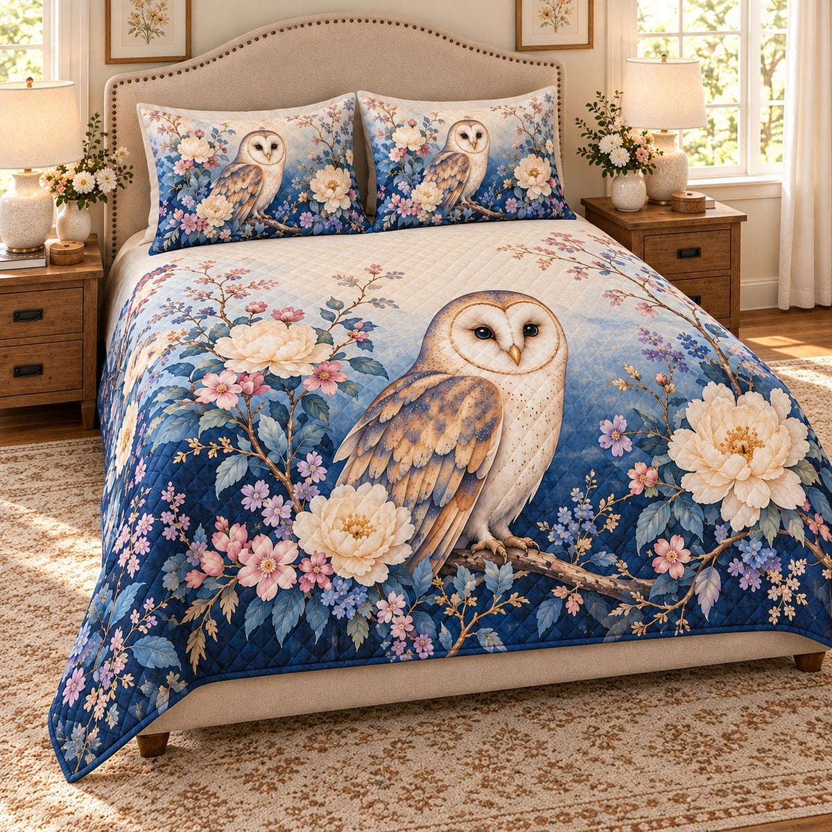AI mockup, angled view of the barn owl floral quilt set on a beige nailhead upholstered bed.