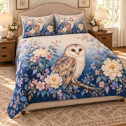 AI mockup, angled view of the barn owl floral quilt set on a beige nailhead upholstered bed.