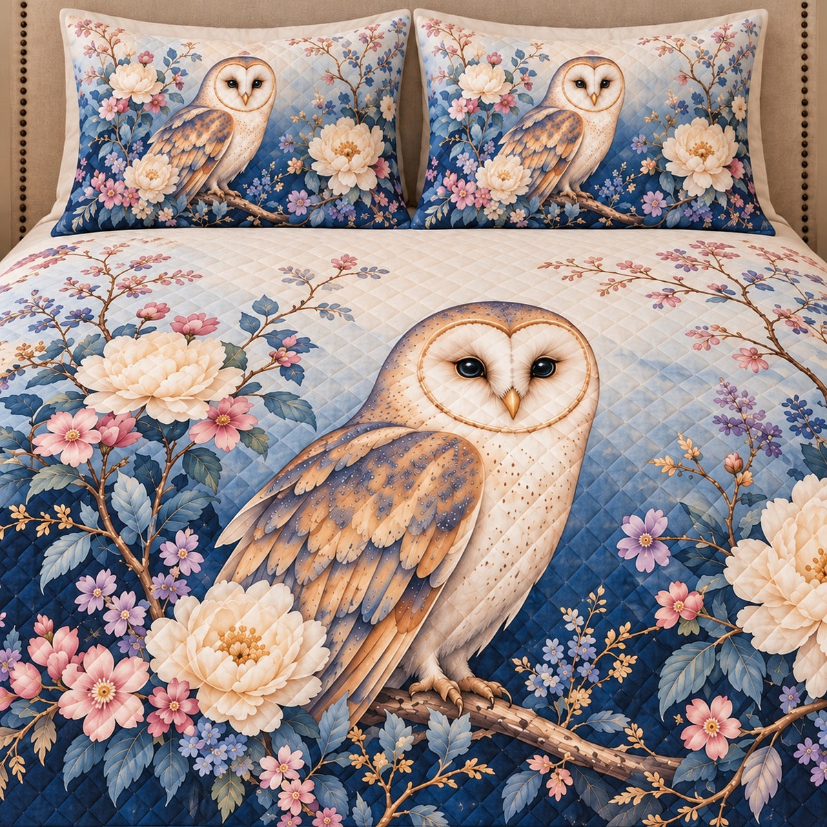 AI mockup, closer front view of the barn owl, pastel blossoms and diamond quilting.