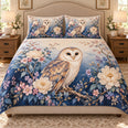Barn Owl Quilt Set, Blue and Cream Peony Floral Bedding, Gift for Owl and Nature Lovers