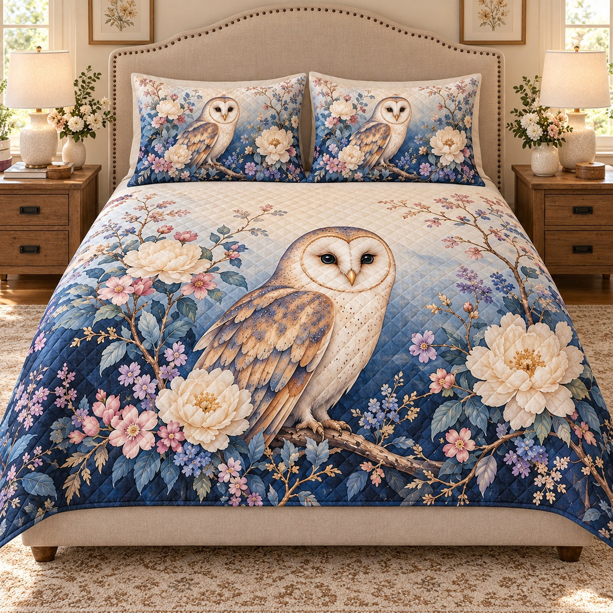 AI mockup, front hero view of a barn owl quilt set with cream peonies and blue botanical foliage.