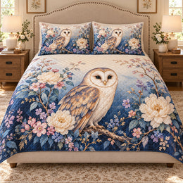 Barn Owl Quilt Set, Blue and Cream Peony Floral Bedding, Gift for Owl and Nature Lovers