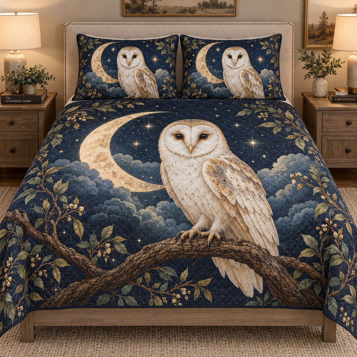 Barn Owl Crescent Moon Quilt Set: bedroom mockup showing the quilt design and coordinating pillow shams