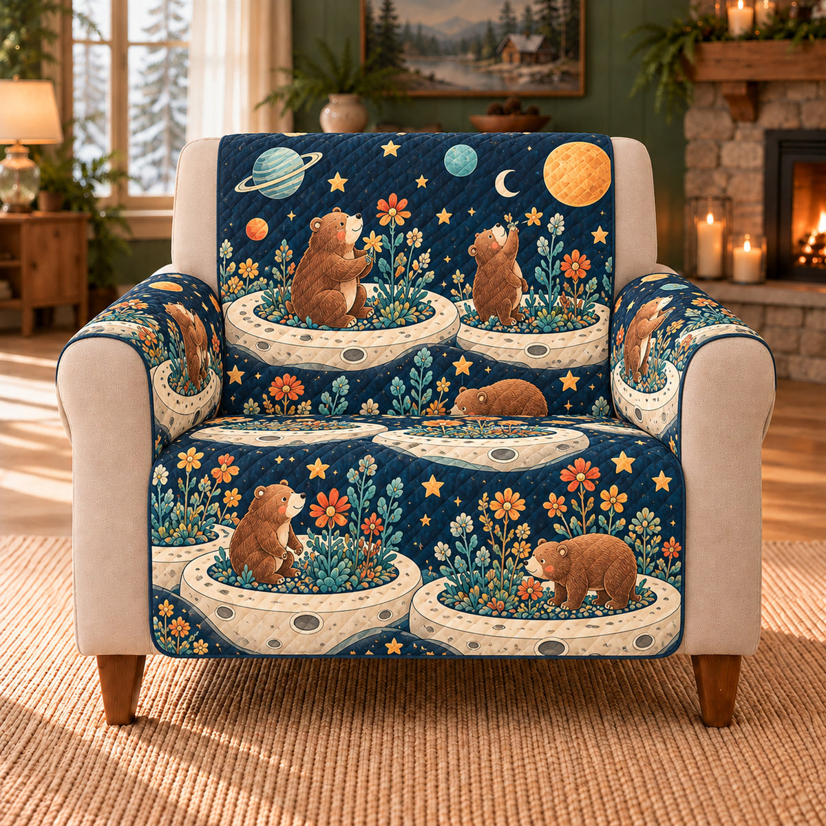 Bear Planet Garden Tiles sofa cover on a beige armchair