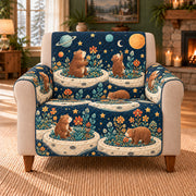 Bear Planet Garden Tiles sofa cover on a beige armchair