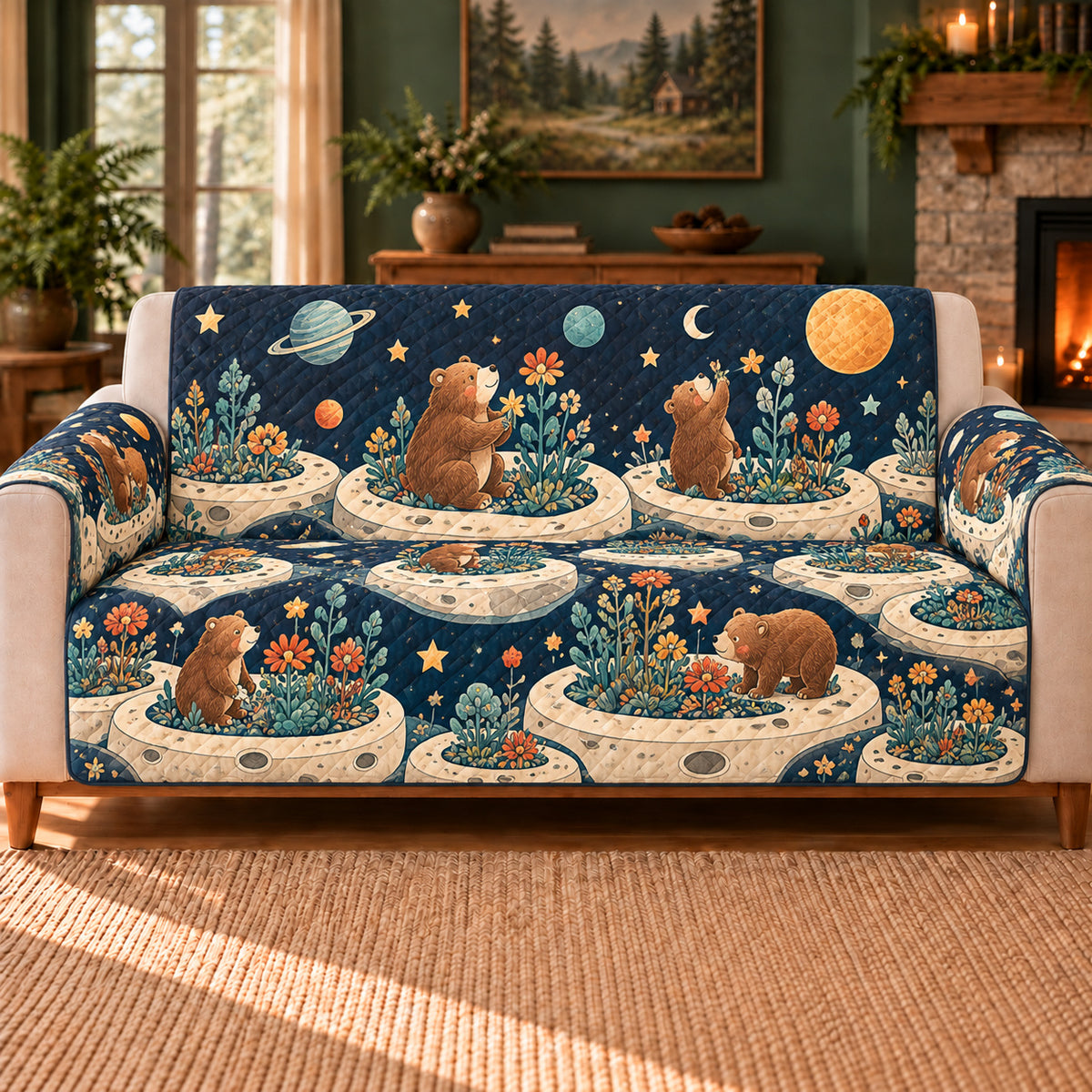 Bear Planet Garden Tiles sofa cover on a beige sofa