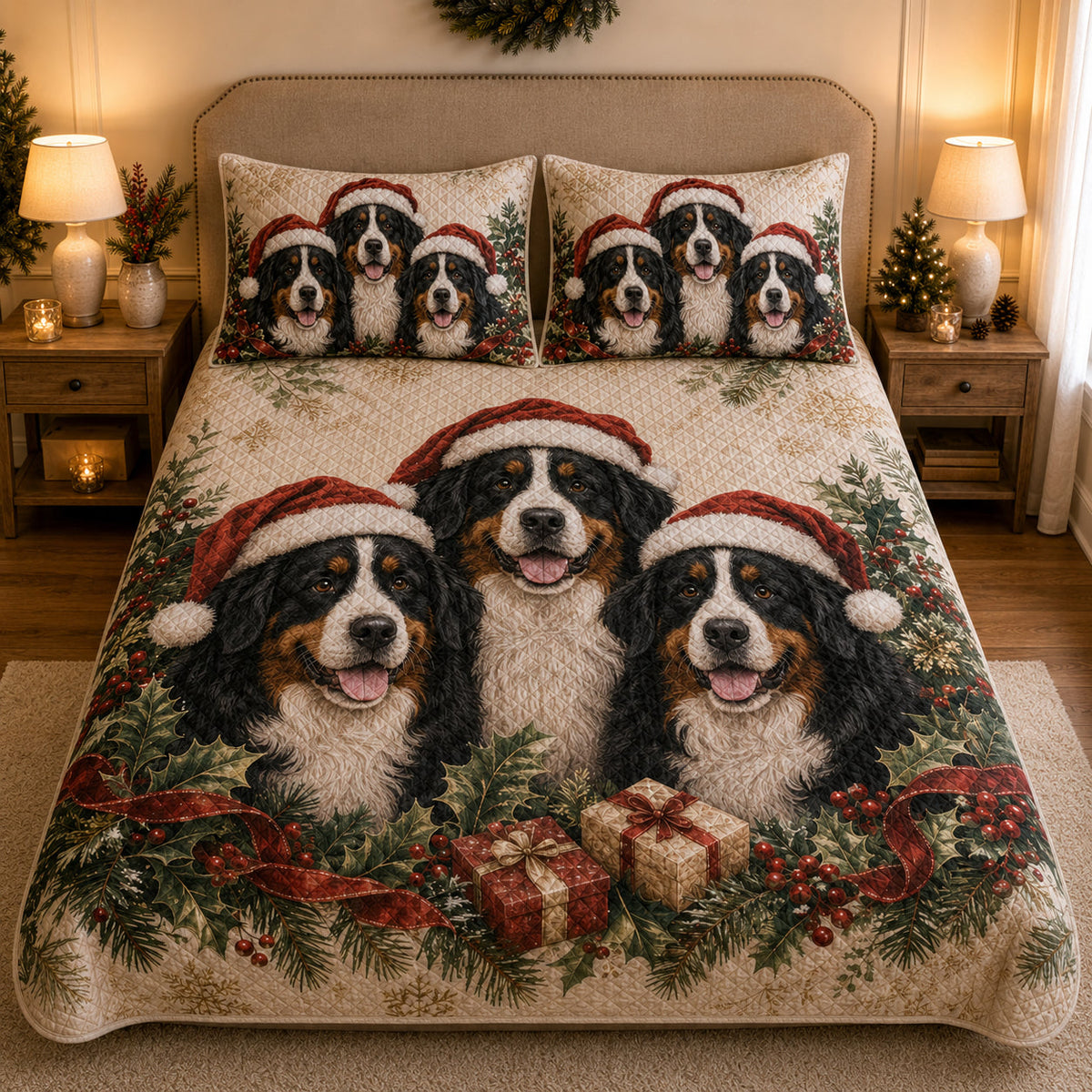 Bernese Mountain Dog Christmas Quilt Set