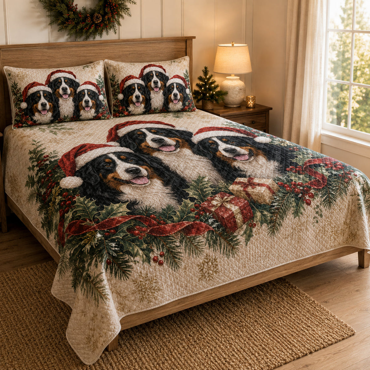 Side view of Bernese Mountain Dog Christmas quilt set with three dogs in Santa hats, evergreen branches and gifts.