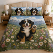 Bernese Mountain Dog Puppy Floral quilt design with coordinating pillow shams