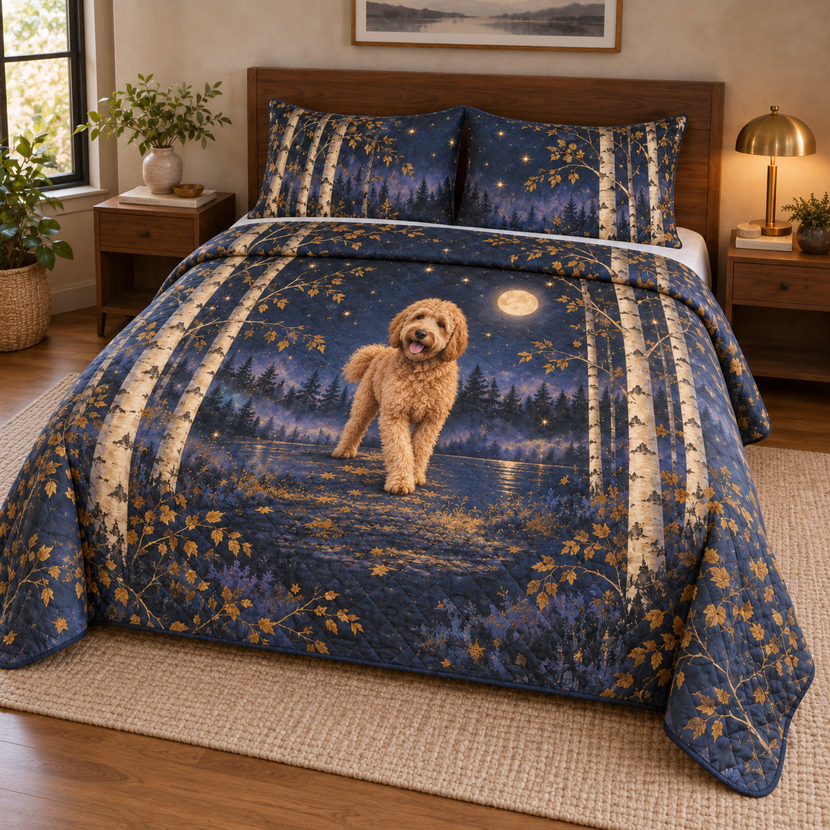 Birch Moon Doodle Goldendoodle Starry Garden Quilt Set, angle bedroom view with the Goldendoodle on the upper-middle top plane