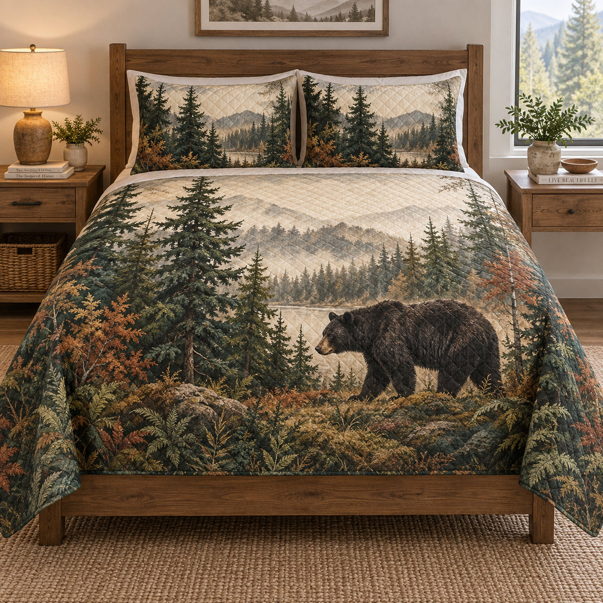 Black Bear Forest Nature quilt set displayed on a bed with coordinating pillow shams