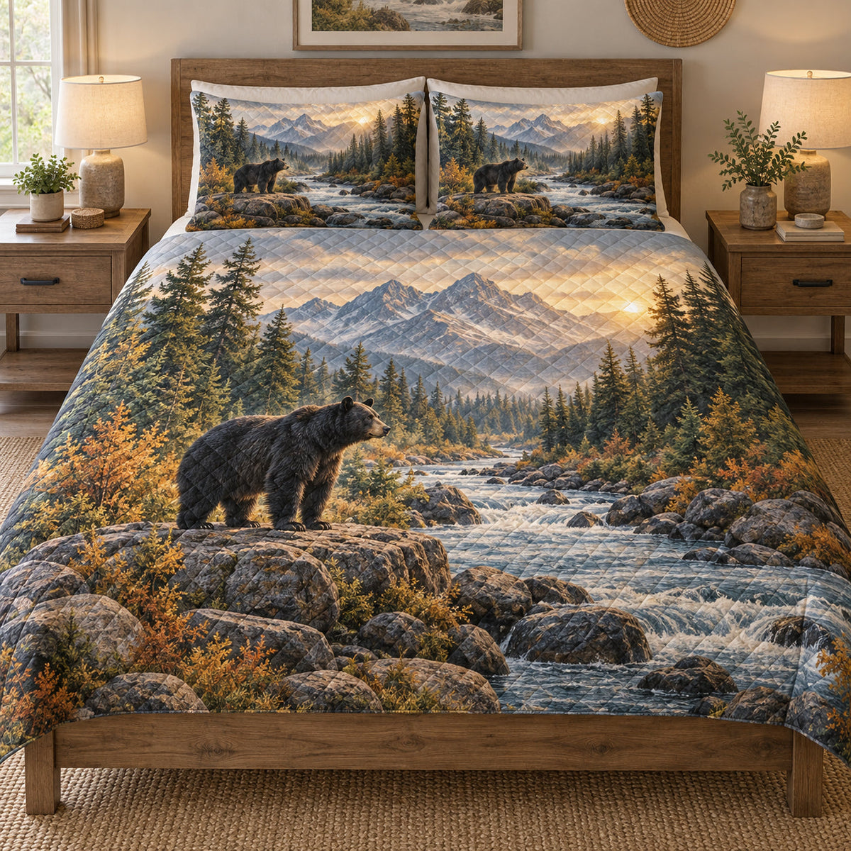 Black Bear Mountain River quilt set displayed on a bed with coordinating pillow shams