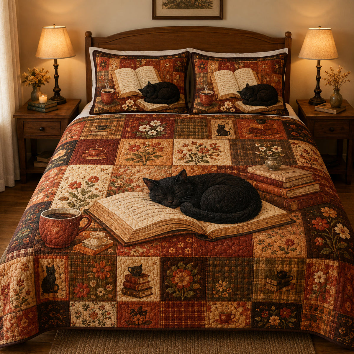 Black Cat Book Lover quilt design with coordinating pillow shams