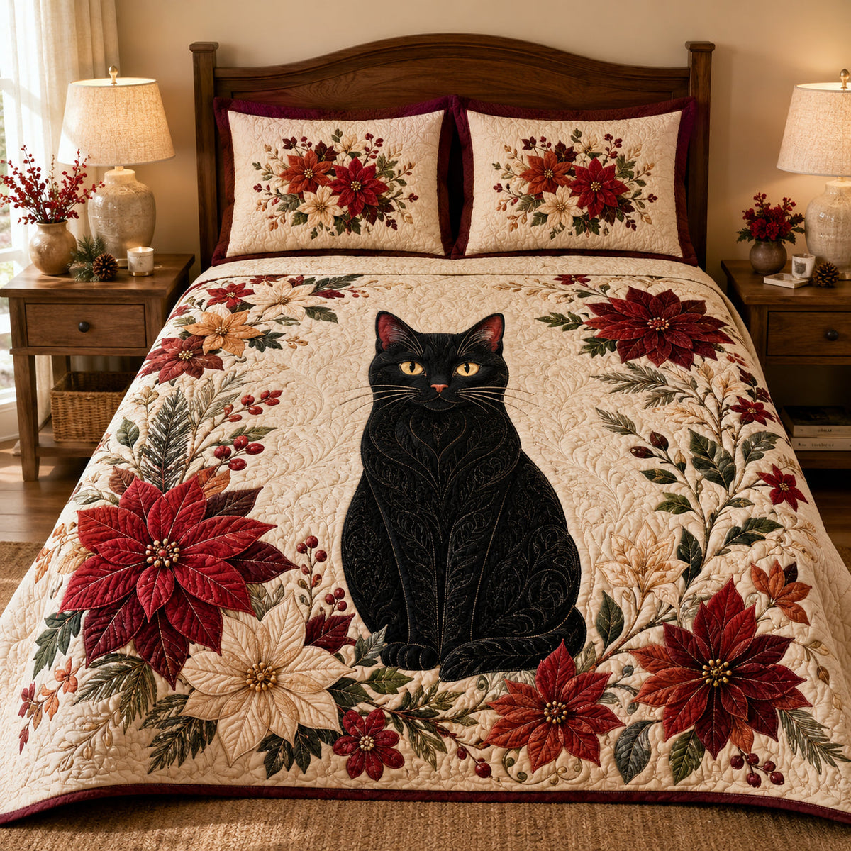 Black Cat Christmas Poinsettia quilt design with coordinating pillow shams