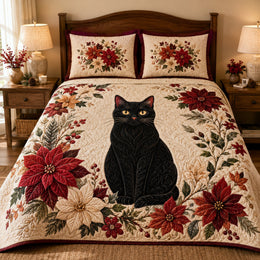Black Cat Christmas Poinsettia Quilt Set