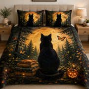 Black Cat Halloween quilt design featuring moonlit forest with coordinating pillow shams