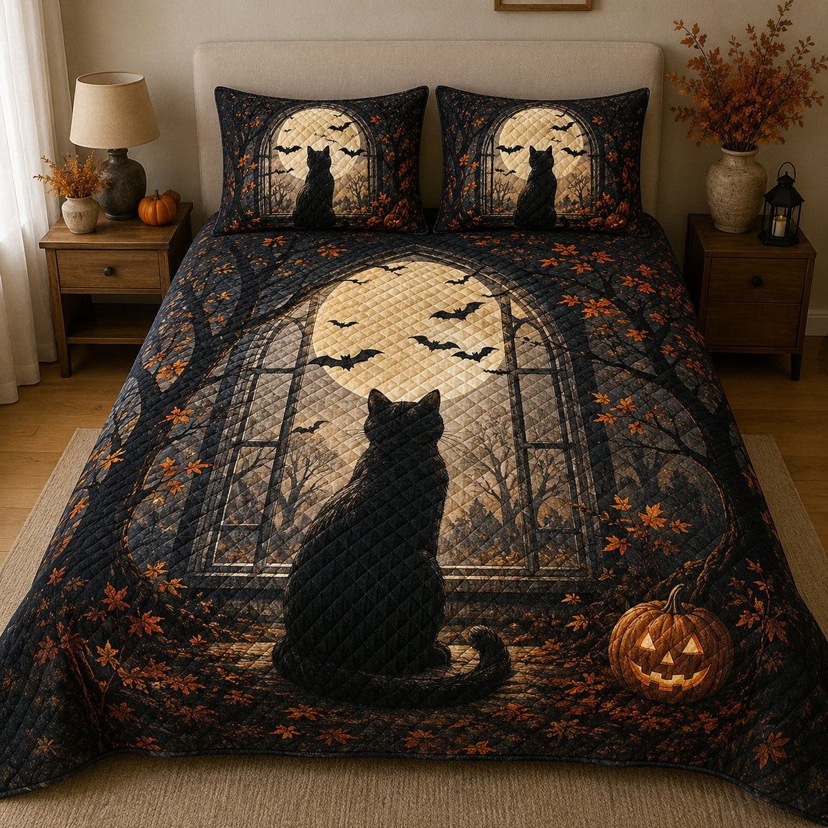 Black Cat Halloween quilt design featuring moonlit window with coordinating pillow shams