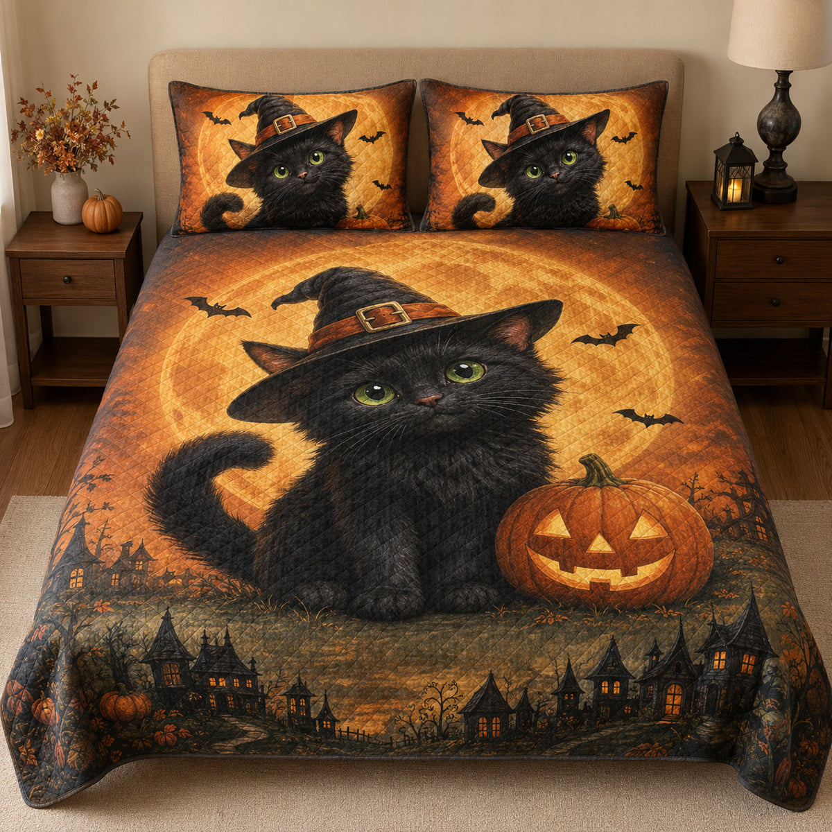 Black Cat Halloween quilt design featuring witch pumpkin with coordinating pillow shams