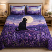 Black Cat Lavender Moon quilt design with coordinating pillow shams